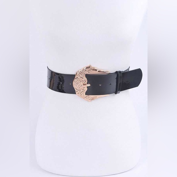 Plus Size White & Gold Patent Leather Statement Belt - Picture 1 of 9